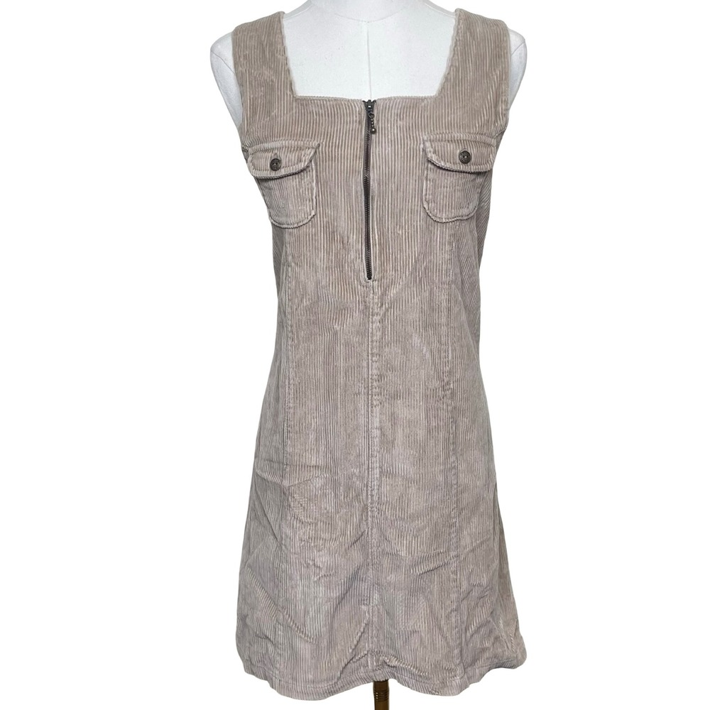 Vintage Penny Lane Corduroy Mini Jumper Dress Women L‎ Tan Zip Front Boho Retro